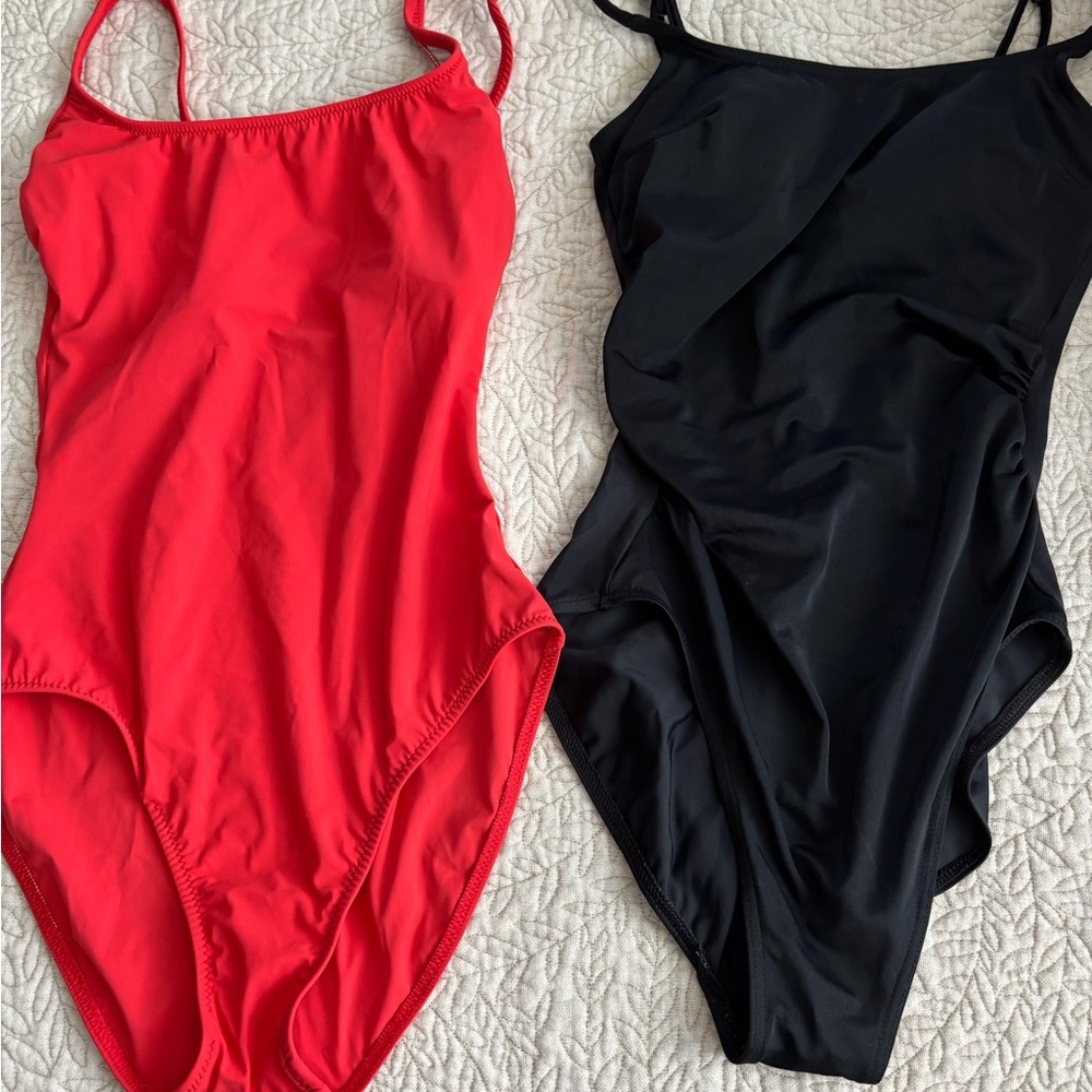 One Piece Swimsuit Bundle Red Tank w Scoop Back & Black Tank w Ruched Sides. Med
